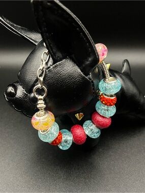 Hand Crafted Aqua, Pink & Red Beaded Bracelet